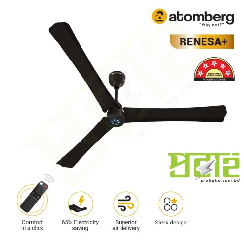  Atomberg Renesa+ 56" 35W BLDC motor Energy Saving Anti-Dust Speed Indicator Light Ceiling Fan with Remote Control Black